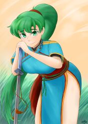 1girls bare_legs bare_thighs breasts enbu female female_only fire_emblem fire_emblem:_the_blazing_blade grass green_eyes green_hair large_breasts leaning_forward legs long_hair looking_at_viewer lyn_(fire_emblem) nintendo outdoors pelvic_curtain ponytail redraw solo sword thighs very_long_hair weapon