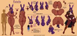 1girls absurd_res anus areolae ass blue_eyes breasts bunny_ears character_sheet color_palette dark-skinned_female dark_skin english_text estelle_(oxoqube) facial_markings falkeart female female_only final_fantasy final_fantasy_xiv long_hair looking_at_viewer multiple_views nipples nude nude_female purple_hair pussy simple_background solo solo_female text thick_thighs viera