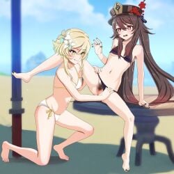 arm_support aruman beach bikini bikini_aside black_nails blonde_hair blue_sky blush breasts brown_bikini brown_hair censored chinese_commentary clothing_aside cloud cloudy_sky collarbone commentary feet female_pubic_hair flower flower-shaped_pupils genshin_impact hair_between_eyes hair_flower hair_ornament hand_on_another's_thigh hand_up hat hat_flower hat_ornament horizon hu_tao_(genshin_impact) jewelry leaning_back licking_lips long_hair looking_at_another looking_down lumine_(genshin_impact) mosaic_censoring mountain navel ocean one_knee open_mouth outdoors parasol plum_blossoms porkpie_hat pubic_hair pussy red_eyes ring short_hair_with_long_locks side-tie_bikini_bottom sidelocks sky small_breasts smile swimsuit symbol-shaped_pupils table teeth toes tongue tongue_out twintails umbrella upper_teeth wavy_mouth white_bikini yellow_eyes yuri