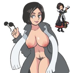 1girls areolae artist_request big_breasts black_hair coat eyewear_removed female female_only grey_eyes half_naked human human_only light-skinned_female light_skin lips lipstick looking_at_viewer milf nipples no_bra no_panties npc_trainer older_female pokemon pokemon_bw pokemon_bw2 pubic_hair scarf seductive short_hair solo sprite sunglasses sunglasses_removed veteran_(pokemon) veteran_(pokemon_bw) white_background