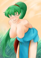 1girls bare_legs bare_shoulders bare_thighs blush breasts breasts_out closed_eyes collarbone embarrassed enbu female female_only fire_emblem fire_emblem:_the_blazing_blade grass green_hair large_breasts leaning_forward legs long_hair lyn_(fire_emblem) nintendo nipples open_mouth outdoors pelvic_curtain ponytail redraw shoulders solo thighs topless undressing very_long_hair