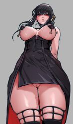 1girls assassin big_breasts black_dress black_hair breasts breasts_out covered_nipples dress female_human highres human large_breasts light-skinned_female looking_at_viewer looking_down mature_female nipple_tassels pasties pussy red_eyes simple_background slim_waist spy_x_family tangerine_(dudu) thighhighs thorn_princess uncensored upskirt yor_briar yor_forger