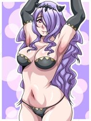 1girls armpits arms_up black_panties bra breasts camilla_(fire_emblem) female female_only fire_emblem fire_emblem_fates hair_over_one_eye horns inabakun00 long_hair looking_at_viewer medium_breasts nintendo panties pink_eyes purple_hair smile solo underwear very_long_hair