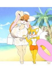 age_difference anthro beach big_areola big_breasts big_nipples blue_eyes blush bra clothed doughnut floating_heart flustered fox furry holding_hands huge_breasts lipstick michiyoshi milf nipple_bulge older_female panties rabbit see-through see-through_clothing sega size_difference smile sonic_(series) swimsuit swimsuit_under_clothes tails taller_female vanilla_the_rabbit voluptuous