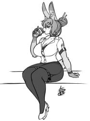 anthro big_breasts black_and_white breasts buttons chopsticks_in_hair drinking eyes_closed female furry hair_bun hair_ornament large_breasts lunarspy rabbit rabbit_ears rabbit_humanoid tagme