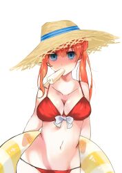 aged_up big_breasts bikini blue_eyes blush cleavage female female_only food gintama innertube kagura_(gintama) long_hair looking_at_viewer official_alternate_costume orange_hair popsicle red_bikini shaded_face solo sun_hat swimsuit twintails yorozuygintamam