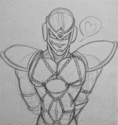 1boy 2018 arms_behind_back arms_bound arms_bound_behind_back arms_tied_behind_back atheshadesartblog bedroom_eyes bondage bound bound_arms capcom flash_man gloves half-closed_eyes heart helmet lidded_eyes looking_at_viewer male male_only mega_man mega_man(classic) mega_man_2 no_color robot robot_boy robot_humanoid robot_joints robot_master robotic robotic_arm robotic_arms robotic_limb rope rope_bondage rope_on_breasts seductive seductive_eyes seductive_gaze seductive_look seductive_mouth seductive_smile shibari_over_clothes shoulder_pads sketch sketch_lines solo solo_male speech_bubble