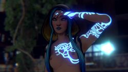 bblender blonde_hair blue_eyes blue_lips blue_lipstick borderlands borderlands_3 breasts glare glowing glowing_body glowing_tattoo hood looking_at_viewer maya_(borderlands) nipples public tattoo tattooed_arm tattoos yellow_hood