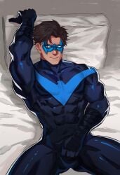 1boy abs_visible_through_clothing amo amo9612 arm_up bara batman_(series) bodysuit bulge_grab clothed clothing cocky dc dc_comics dick_grayson eye_mask gay looking_at_viewer lying lying_on_back lying_on_bed male male_only muscle muscles muscular nightwing pillow pillow_grab skin_tight smile smiling_at_viewer solo solo_male teen_titans tight_clothing uncensored yaoi