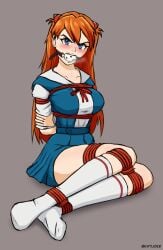 1girls angry asuka_langley_sohryu ball_gag blue_eyes blush bondage box_tie clothed female female_only fully_clothed gag gagged khtuder looking_at_viewer medium_breasts neon_genesis_evangelion red_hair red_rope rope rope_bondage school_uniform socks solo wiffle_ball_gag