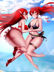 2girls adapted_costume ankle_ribbon ass barefoot beach bikini bikini_skirt black_bikini black_swimsuit breasts cordelia_(fire_emblem) cordelia_(summer)_(fire_emblem) day feet female female_only fire_emblem fire_emblem_awakening fire_emblem_heroes hair_ornament heels high_heels highres holding_hands interlocked_fingers jaxartdump leg_ribbon long_hair looking_at_viewer mother_and_daughter multiple_girls nintendo official_alternate_costume red_bikini red_eyes red_hair red_swimsuit ribbon sandals severa_(fire_emblem) shoe_soles stomach swimsuit thigh_strap thighs twintails wide_hips yuri