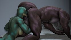 1boy1girl anal anal_sex anthro anthro_on_anthro athletic_female athletic_male bed blue_eyes dark-skinned_male female_penetrating_male female_rimming_male green_skin lizard lizard_(petruz) lizardman male/female male_penetrated mr_sfm muscular muscular_female muscular_male petruz_(copyright) rimming scalie sfm source_filmmaker straight submissive_male