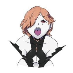 1girls bare_thighs breasts cleavage earrings female female_only fire_emblem fire_emblem:_three_houses hair_over_one_eye imminent_facial kronya_(fire_emblem) looking_at_viewer medium_breasts nintendo open_mouth orange_hair pale_skin red_eyes saltycookie short_hair solo thighs wide_hips