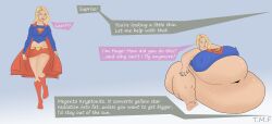 1girls bbw belly big_belly big_breasts blonde_hair breasts dc dc_comics dialogue fat female morbidly_obese nipple_bulge obese overweight overweight_female sequence ssbbw supergirl superman_(series) text toomanyfetishes weight_gain