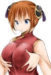 alternate_breast_size big_breasts blue_eyes breast_grab bun_cover chinese_clothes cleavage confusion double_bun female female_only gintama grabbing_own_breast hair_ornament hal_(goshujinomocha) kagura_(gintama) looking_at_breasts looking_down nipple_bulge orange_hair sleeveless sleeveless_shirt solo upper_body