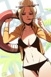 big_breasts bikini black_bikini blonde_hair cleavage facial_scar female female_only gintama hair_ornament hoodie hourglass_figure innertube kiseru kunai looking_at_viewer official_alternate_costume pipe smoking smoking_pipe solo swimsuit thigh_gap tied_hair tsukuyo tyson_hesse wide_hips