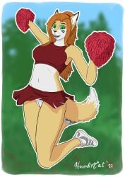 absurd_res anthro athletic athletic_female bottomwear breasts cheerleader clothing elisabeth_(eipril) female footwear fur furry furry_only genitals going_commando hair hi_res houndlycat jumping no_panties pom_poms pussy shoes skirt sneakers solo tail tied_hair upskirt