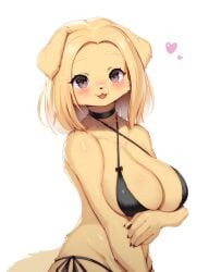 1girls anthro big_breasts bikini black_eyes blonde_hair blush canine cute dog_ears domestic_dog female female_only fur furry furry_only heart hi_res looking_at_viewer medium_hair smiling smiling_at_viewer solo solo_female tagme white_background wholesome whooo-ya yellow_fur