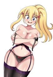 1girls bare_shoulders big_breasts black_panties black_thighhighs blonde_hair blue_eyes blush breasts cleavage collarbone cowboy_shot darkness_(konosuba) female garter_belt hair_between_eyes hair_ribbon kono_subarashii_sekai_ni_shukufuku_wo! large_breasts lingerie long_hair looking_at_viewer lucyfer narrow_waist navel open_mouth panties ponytail ribbon sidelocks simple_background smile solo sweatdrop thighhighs underwear underwear_only white_background