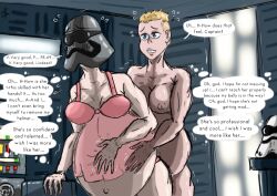 2girls belly belly_rub big_belly big_breasts blonde_hair breasts captain_phasma dialogue female helmet lingerie nipples pr-69(character) pregnant short_hair star_wars sv-writer text yuri