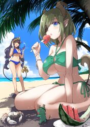 2girls 774_inc. beach bikini breasts cleavage female female_only honey_strap jyaco nanashi_inc. seaside sekishiro_mico shimamura_charlotte swimsuit underboob virtual_youtuber watermelon