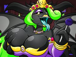 anthro big_breasts breast_grab crown demon dragon female friday_night_funkin friday_night_funkin_mod furry green_hair lollipop midnight_(friday_night_funkin) poltergust5000 tongue tongue_out wings