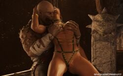 1boy 1girls 3d 3d_(artwork) abs athletic athletic_female baraka big_breasts blender bondage_gear breasts dark-skinned_female dark_hair dark_skin fakas_rakatan female groping groping_breasts groping_from_behind jade_(mortal_kombat) licking mortal_kombat mortal_kombat_11 smokescreen117 sweat