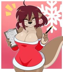 anthro anthro_only big_breasts breasts brown_body brown_fur christmas cleavage earrings eyes_closed female female_focus female_only glasses kabula otter tagme