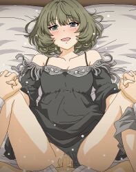 :d bangs bed_sheet blue_eyes blush breasts brown_hair censored cleavage clothed_sex clothes_lift clothing_aside dress dress_lift female green_eyes grey_dress grey_panties hair_between_eyes heterochromia holding_hands idolmaster idolmaster_cinderella_girls interlocked_fingers long_hair lying missionary mole mole_under_eye mosaic_censoring off-shoulder_dress off_shoulder on_back open_mouth panties panties_aside penis pov pussy sex short_dress small_breasts smile straight straight_hair takagaki_kaede tomu_(tomubobu) underwear vaginal_penetration