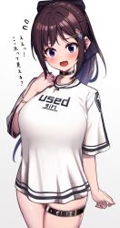 1girls bangs big_breasts blush bottomless brown_hair choker female female_only hairclip karaage_bou light-skinned_female light_skin original ponytail purple_eyes solo white_shirt