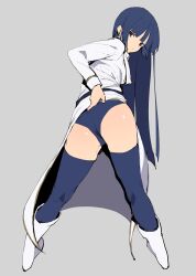 ass_focus blue_hair blue_thighhighs coat dark_hair expressionless female female_only full_body fully_clothed gintama hime_cut imai_nobume jikatarou long_hair looking_at_viewer looking_back presenting presenting_hindquarters rear_view red_eyes short_shorts shorts solo standing thighhighs uniform