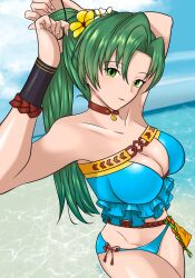 1girls alternate_costume bare_shoulders beach bikini blue_bikini blue_swimsuit breasts cleavage collarbone female female_only fire_emblem fire_emblem:_the_blazing_blade fire_emblem_heroes green_eyes green_hair large_breasts long_hair looking_at_viewer lyn_(fire_emblem) lyn_(summer)_(fire_emblem) nintendo ocean official_alternate_costume outdoors ponytail saltycookie shoulders solo swimsuit tying_hair