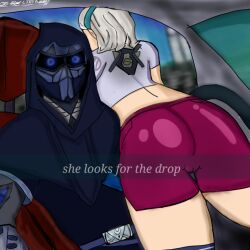 1boy 1girls 2022 ass ass_focus back_view big_butt blue_eyes car clothed_female clothed_male curifort edit epic_games fortnite fortnite:_battle_royale fusion_(fortnite) gray_hair he_wants_to_order inside_car lexa_(fortnite) masked_male meme robot_girl she_wants_to_order text thick_thighs thighs wide_hips