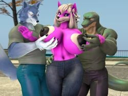 3d_(artwork) anthro areola big_breasts black_areola black_lips black_nipples blue_body blue_eyes blue_fur bottomwear breast_grab breasts canid canine canis clothed clothing denim denim_clothing digital_media_(artwork) ear_piercing ear_ring exhibitionism female fur green_body green_scales group hair hand_on_breast heart huge_breasts jeans lips lizard looking_at_viewer male male/female mammal nipple_fetish nipple_pinch nipple_play nipples pants piercing pinch pink_body pink_fur public reptile ring_piercing scales scalie shirtless shirtless_female sparkpad topless topless_female trio white_body white_fur white_hair wolf yuni_hermit