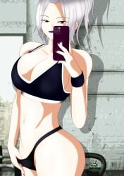 akinama_family_(noir-black-shooter) cellphone female hand_on_panties noir-black-shooter oc original original_character purple_hair purple_lipstick reika_akinama_(noir-black-shooter) selfie silver_hair smartphone sports_bra sportswear