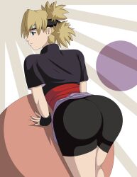 1girls alternate_costume ass behind_view bent_over bike_shorts blonde_hair bubble_butt clothed clothed_female clothes clothing compression_shorts dat_ass elmonais female female_only fingerless_gloves folding_fan fully_clothed green_eyes looking_at_viewer looking_back naruto naruto_shippuden posing quad_tails short_shorts shorts solo temari