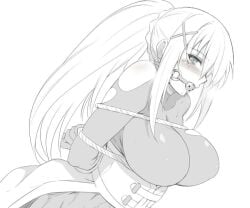 1girls ball_gag big_breasts blush bodysuit bondage bondage bound bound_arms breast_bondage breasts darkness_(konosuba) drooling gag greyscale hair_ornament inue_shinsuke kono_subarashii_sekai_ni_shukufuku_wo! large_breasts long_hair monochrome ponytail saliva sidelocks solo torn_bodysuit torn_clothes x_hair_ornament