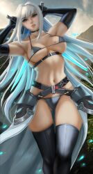 1girls big_breasts bikini_bottom blue_eyes choker curvaceous curvy_body curvy_female curvy_figure ethel_(xenoblade) female_focus female_only grey_bikini hands_behind_head latex latex_gloves latex_thighhigh_boots light-skinned_female long_hair looking_at_viewer muscular_female spaghetti_strap tagme thigh_gap thighhighs voluptuous voluptuous_female weisart white_hair xenoblade_(series) xenoblade_chronicles_3