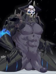 2022 5_fingers abs anthro armor balls bone clx147258 digital_drawing_(artwork) digital_media_(artwork) fate/grand_order fate_(series) fingers genitals glans glowing glowing_eyes humanoid king_hassan male male_only muscular muscular_male nightmare_husbando nipples pecs penis purple_body simple_background skull solo