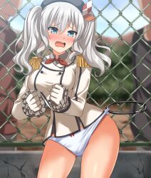 1girls 2022 blush bow_panties exhibitionism gloves hat humiliation kantai_collection kashima_(kantai_collection) no_pants outside panties panty_pull standing sweat sweatdrop tagme twintails uniform white_hair white_panties zanntetu