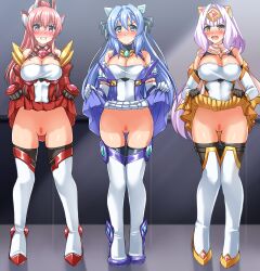 2022 3girls annoyed blue_eyes blue_hair blush boots breasts censored character_request cleavage dress dress_lift embarrassed gloves long_gloves long_hair looking_at_viewer magical_girl no_panties pink_eyes pink_hair ponytail presenting pussy red_hair source_request sweat sweatdrop tagme thigh_boots thighhighs thighs yellow_eyes zanntetu