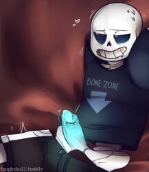 bones glowing_penis heart male pants penis sans shirt shorts sitting skeleton t-shirt twitching