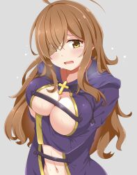 1girls ahoge big_breasts blush breasts brown_hair cleavage cleavage_cutout clothing_cutout dou-t eyes_visible_through_hair grey_background hair_over_one_eye kono_subarashii_sekai_ni_shukufuku_wo! large_breasts long_hair long_sleeves looking_at_viewer navel open_mouth simple_background solo sweat tears wavy_mouth wiz_(konosuba) yellow_eyes