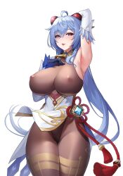 absurdres ass bangs bare_shoulders bell big_ass big_breasts blue_hair blush bodystocking bodysuit breasts covered_erect_nipples female female_only ganyu_(genshin_impact) genshin_impact groin highres horns huge_ass large_breasts looking_at_viewer navel neck_bell nipples purple_eyes skin_tight skindentation smile thick_thighs thighs turning_head weni