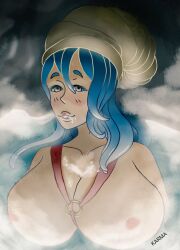 blue_hair breasts cum cum_in_mouth cum_on_breasts cum_on_face fossil_pokémon in_water karma_(artist) nude omanyte pokémon_(species) pokemon pokemon_rgby water