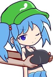 1girls blue_eyes clothed furii_(artist) groping_breasts light_blue_hair nitori_kawashiro one_eye_closed puyo_puyo_artstyle touhou