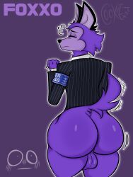 anthro armband ass balls big_balls big_butt black_ears blush blush_lines bottomless canid canine claws clothed clothing cookiexst digital_media_(artwork) fox foxxo(valle_verde) fur genitals hi_res japanese_text looking_back male mammal outline partially_clothed purple_body purple_fur rear_view signature solo suit text thick_thighs valle_verde white_outline