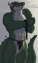 1boy anthro chains dragon gay green_body green_skin horns humanoid inviting male male/male male_anthro male_only muscular muscular_male partially_clothed pecs red_eyes sarquiat slit solo solo_focus tail