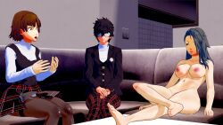 1boy 2girls 3d blush breasts casual_nudity completely_naked completely_nude confidently_naked couch couple effineffer embarrassed erect_nipples looking_away makoto_niijima naked nipples nude persona persona_5 ren_amamiya sae_niijima sisters smile sweat unashamed uncaring