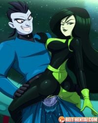 1boy 1boy1girl 1girls black_hair bodysuit clothed_sex consensual cowgirl_position disney disney_channel dr._drakken female green_eyes kim_possible lipstick looking_at_viewer looking_back penis reit shego tagme tight_clothing torn_clothes watermark